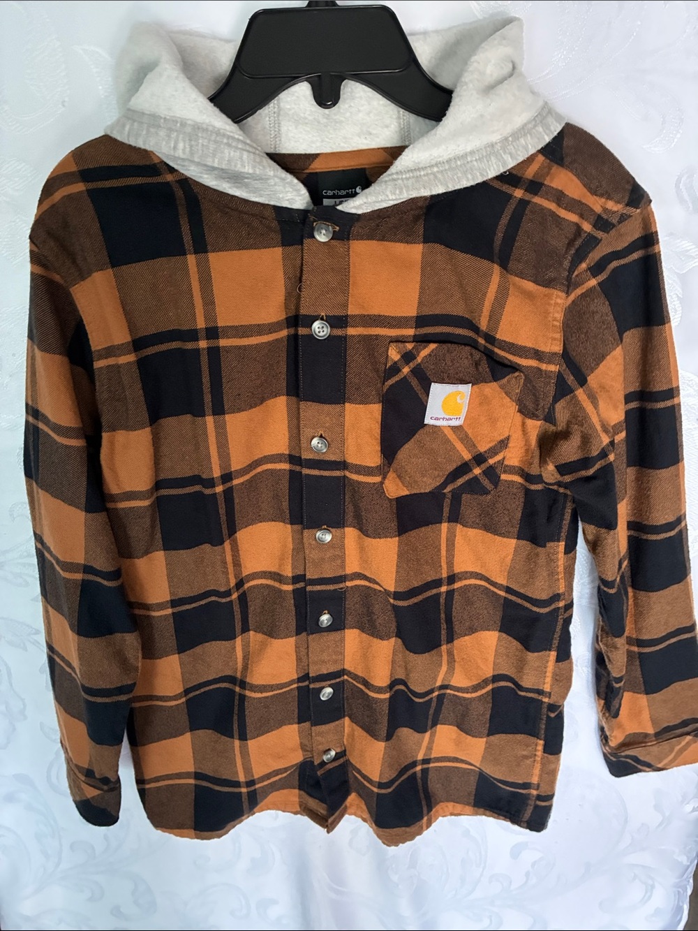 Carhartt Kids  Orange and Black Plaid Hooded Cardigan